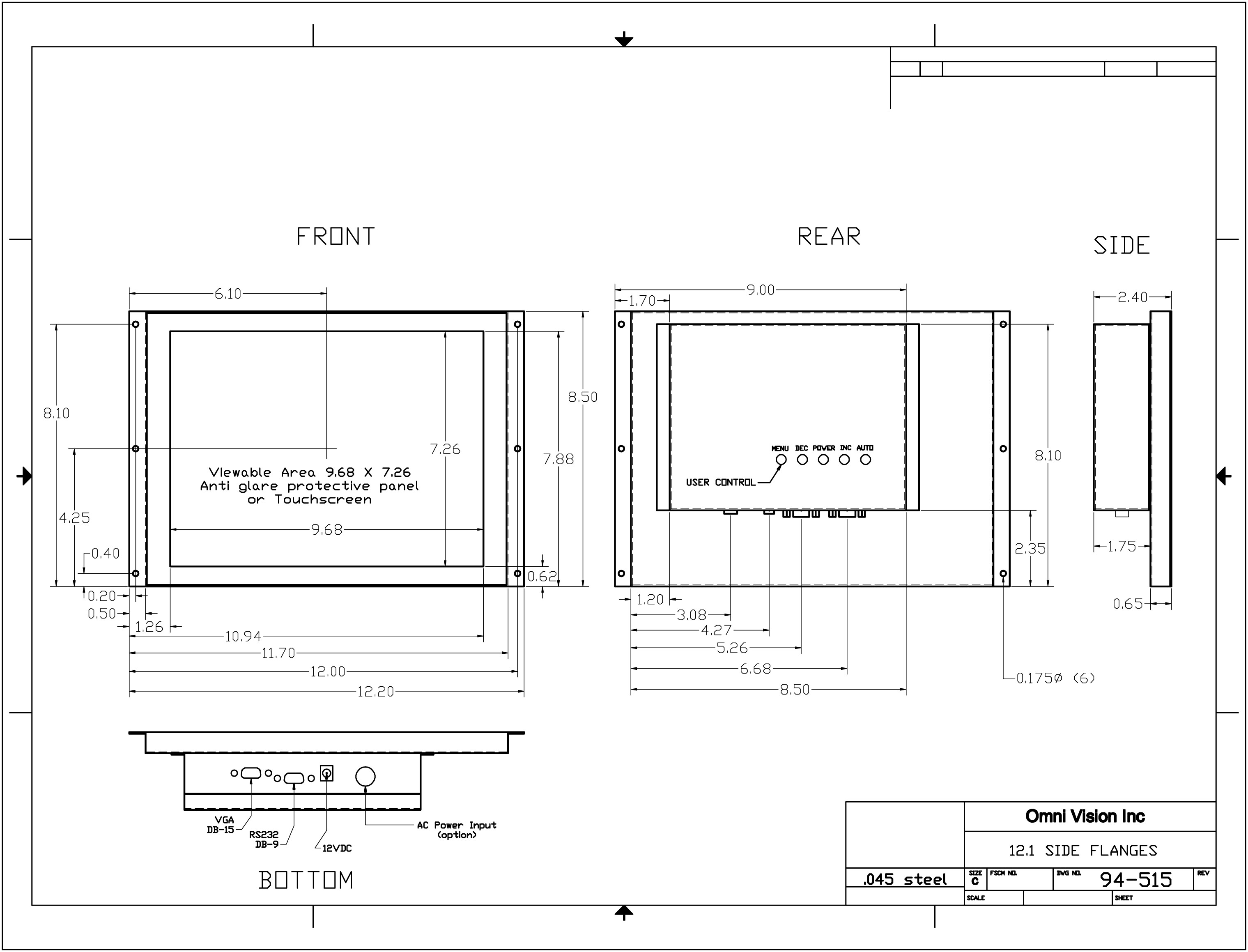 Industrial TFT Color LCD Display Monitors 12.1" Open Frame Chassis Version Models  Top & Bottom flanges drawing