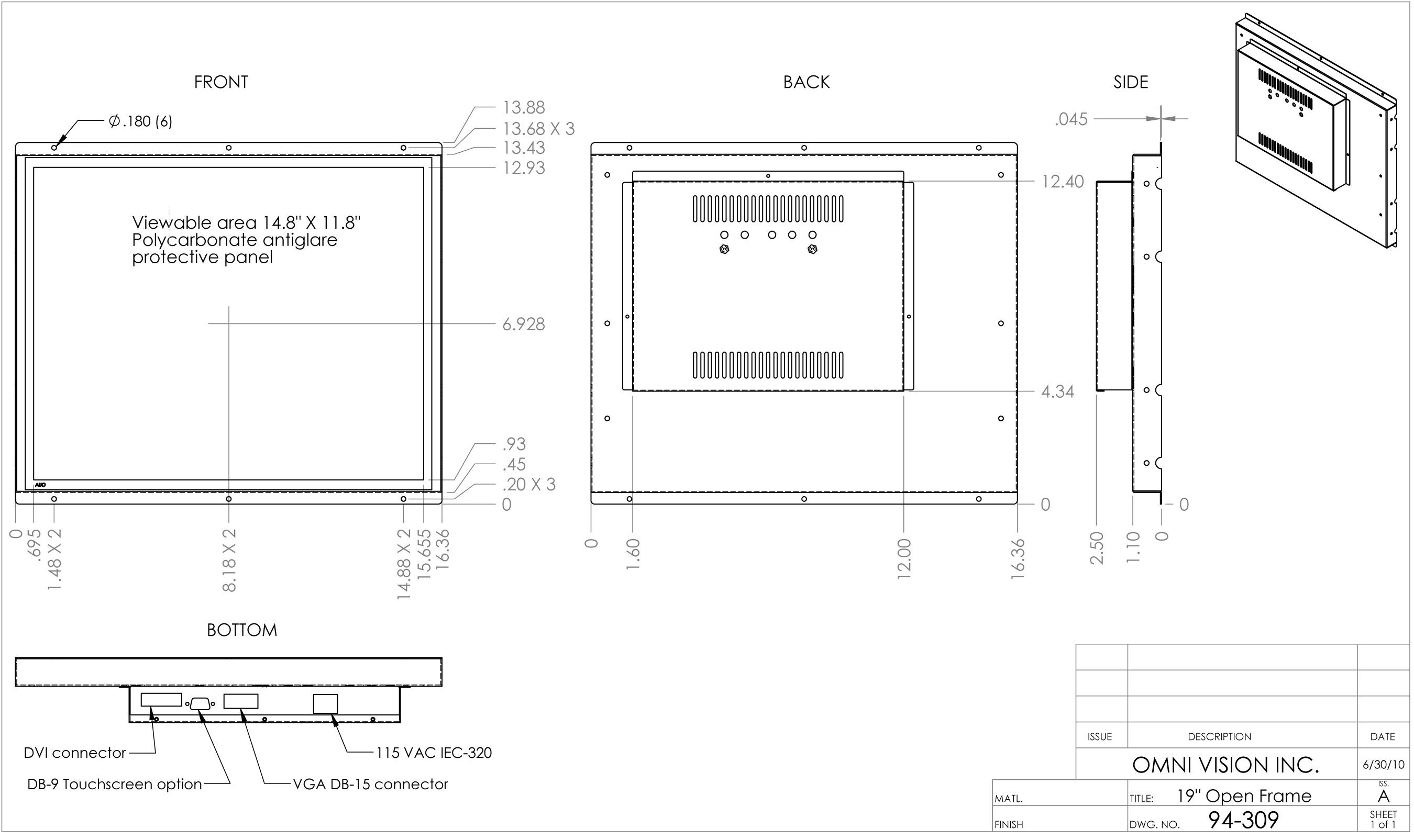 Open Frame Industrial LCD Display Monitors 19.1" Open Frame Models Drawing