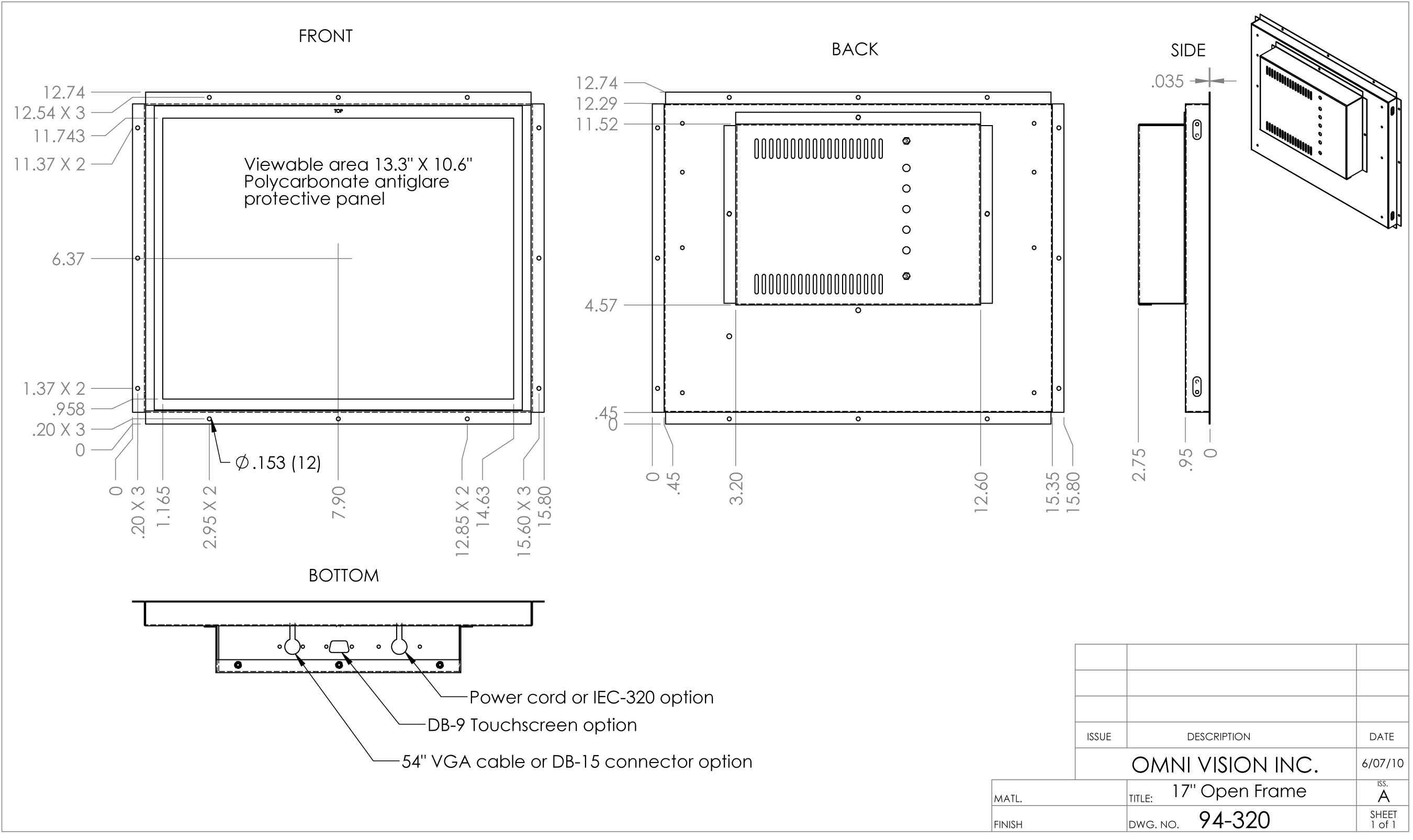 Industrial TFT Color LCD Display Monitors 17.1" Open Frame Chassis Version Model Drawing
