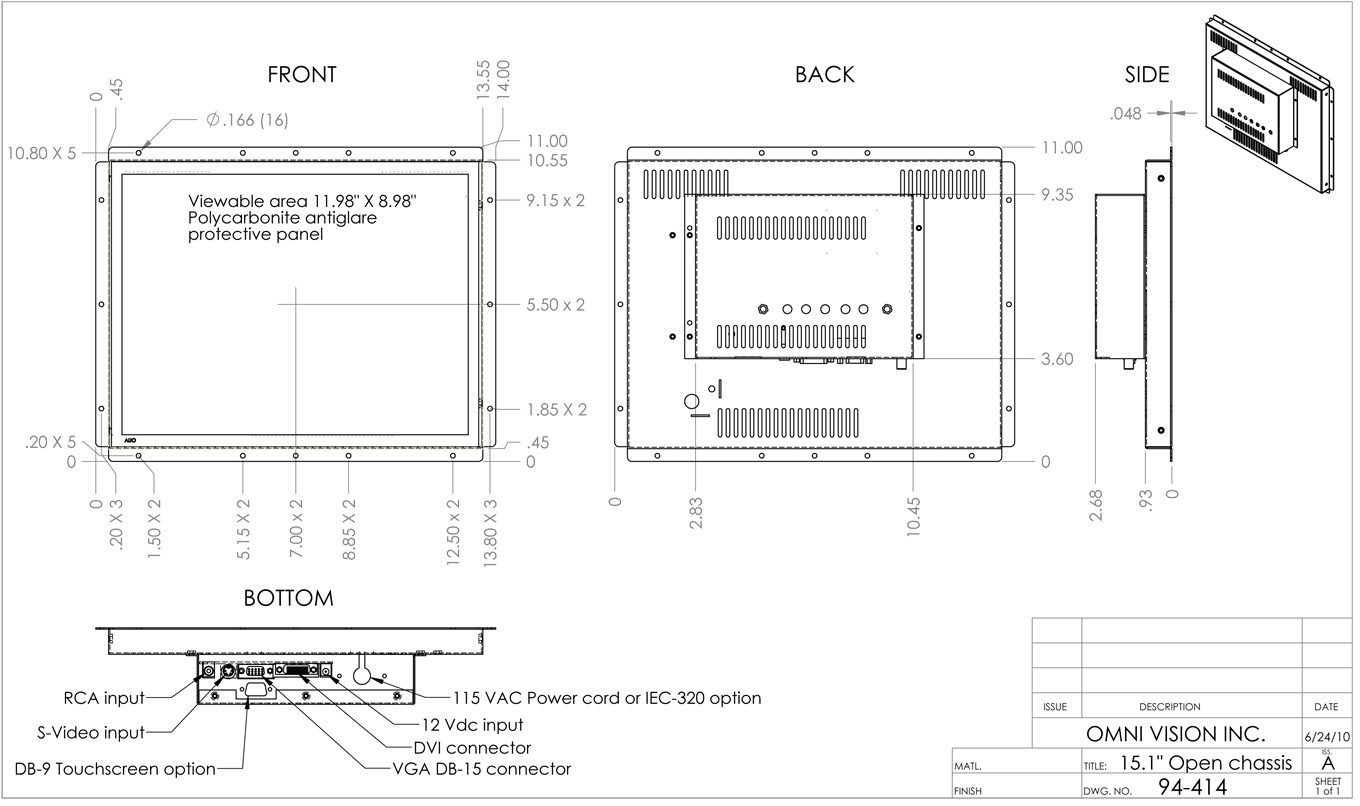 Open Frame Industrial Panel Monitors, 15.1 inch Side, Top and Bottom Flanges Drawing
