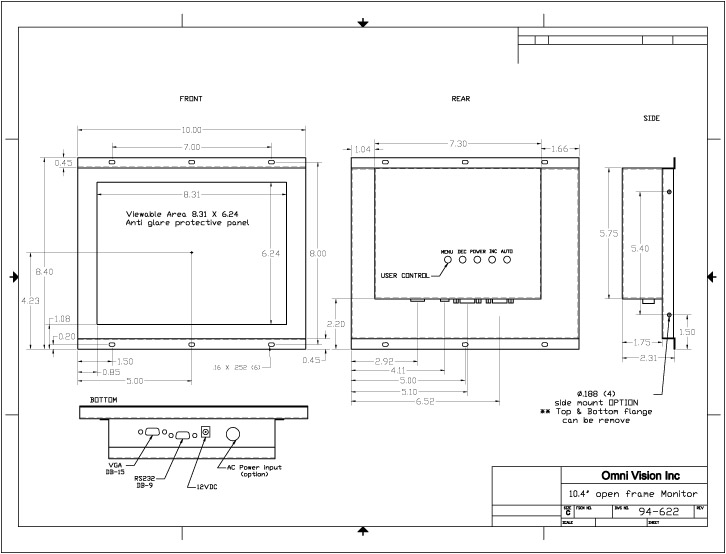 Open Frame Industrial Panel Display Monitors 10.4" top/bottom flanges drawing