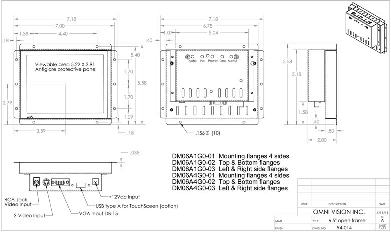 Open Frame Industrial Panel Monitors, 6.5 inch top and bottom flanges drawing