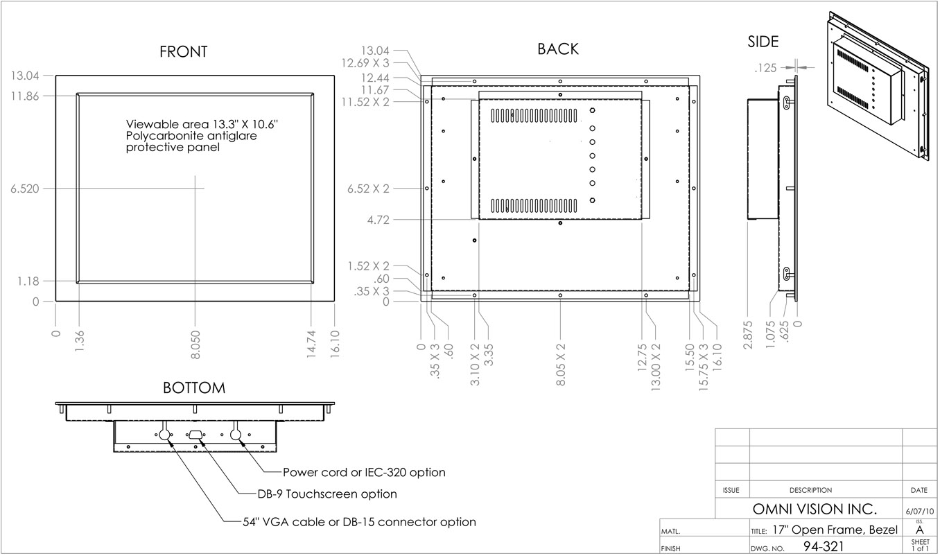 Industrial LCD Display Monitors 17.1" Open Frame Model Drawing