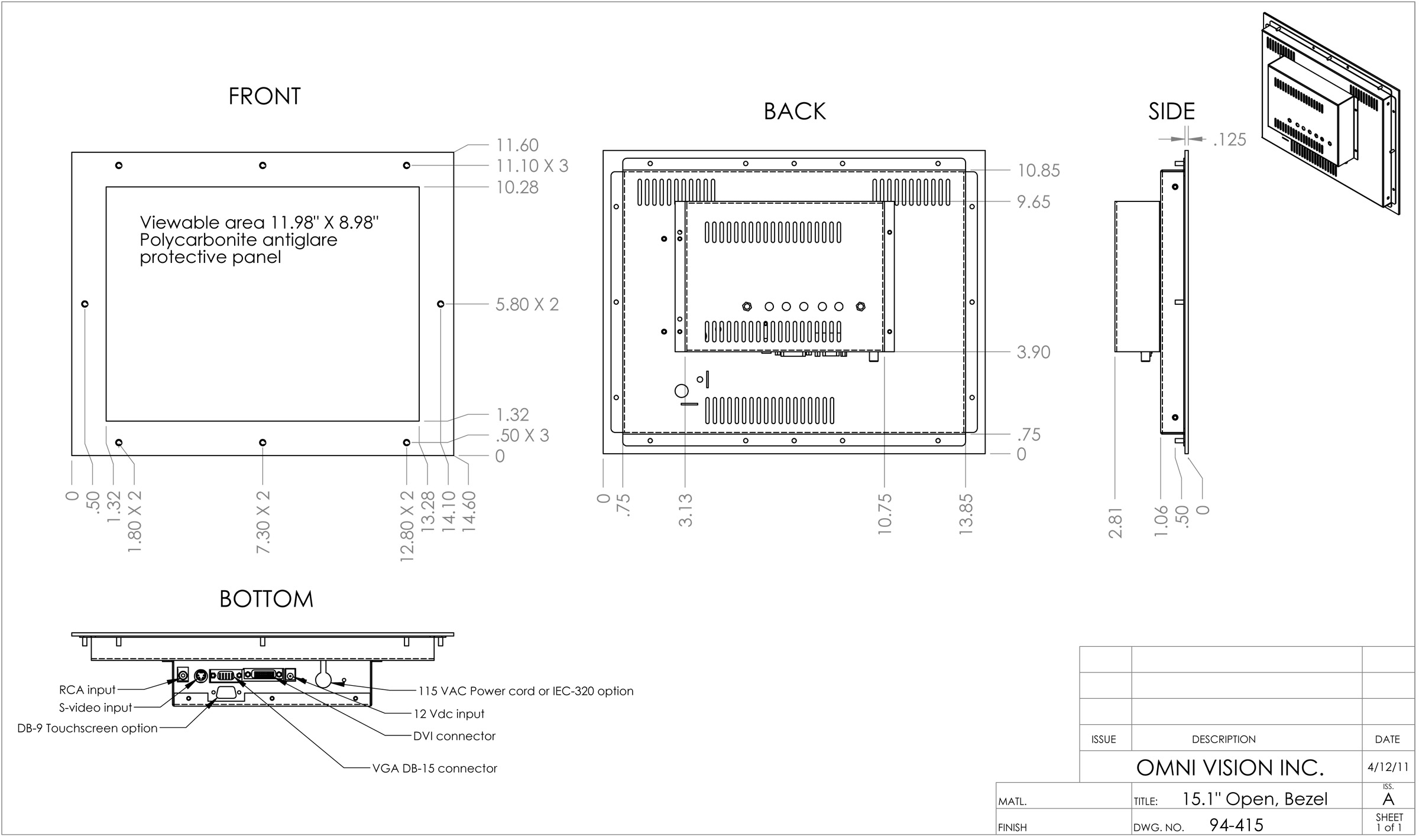 Industrial TFT Color LCD Display Monitors 15.1" Bezel / Panel Mount ready Models Drawing