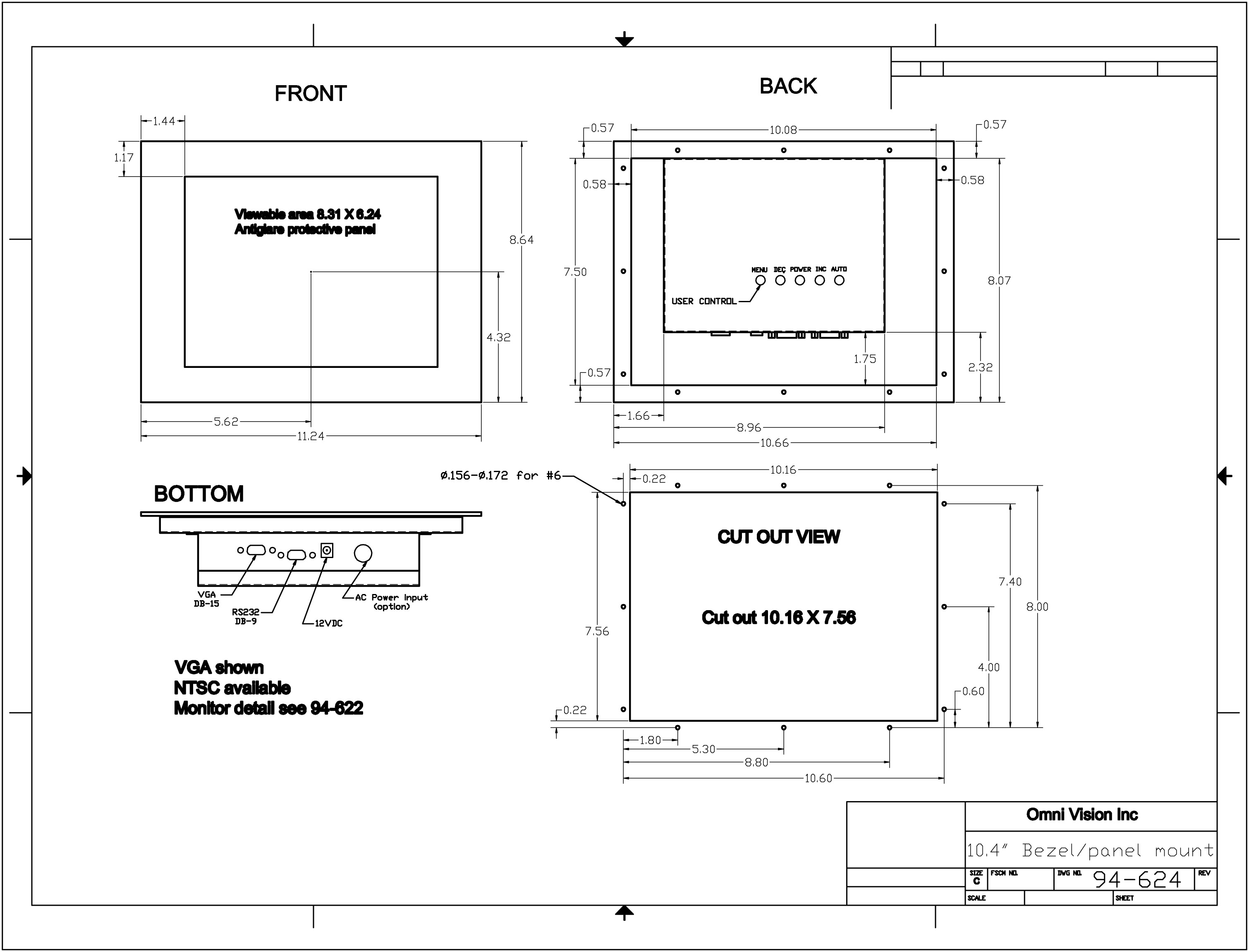 Industrial TFT Color LCD Display Monitors 10.4" Bezel/Panel Mount Chassis Version Models Drawing