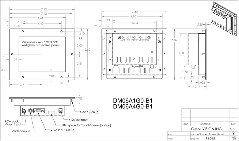 Industrial LCD Display Monitors 6.5" Open Frame top and bottom flanges drawing