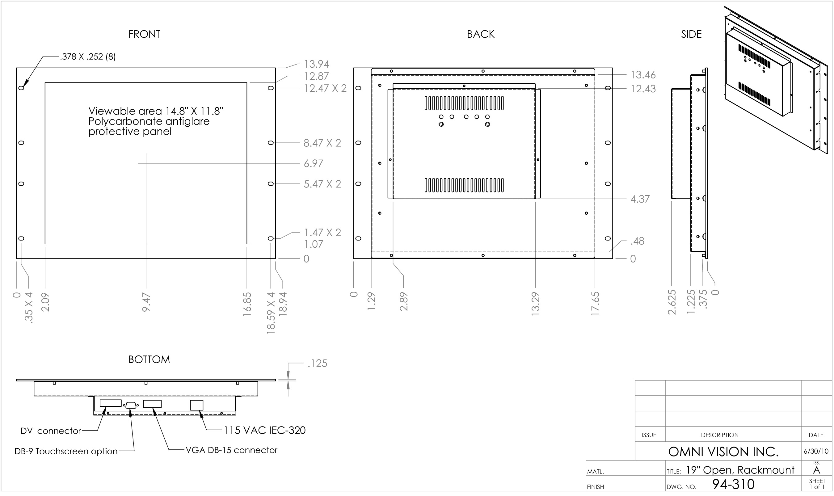 Industrial TFT LCD 19.1 inch Monitor in 19 inch Rack Mount Drawing