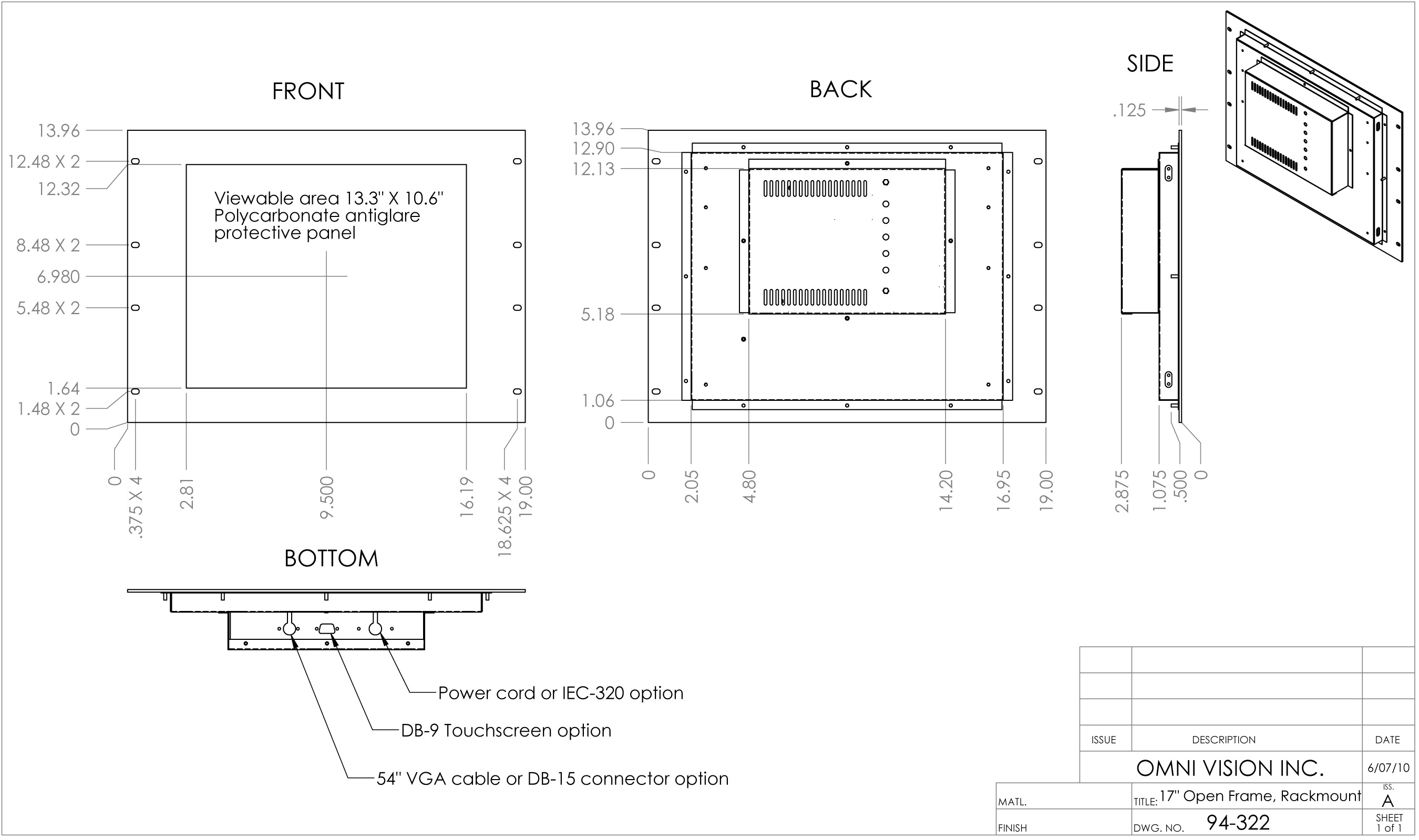 Rack Mount Industrial TFT LCD 17 .1 inch Monitor in 19 inch Rack Mount drawing
