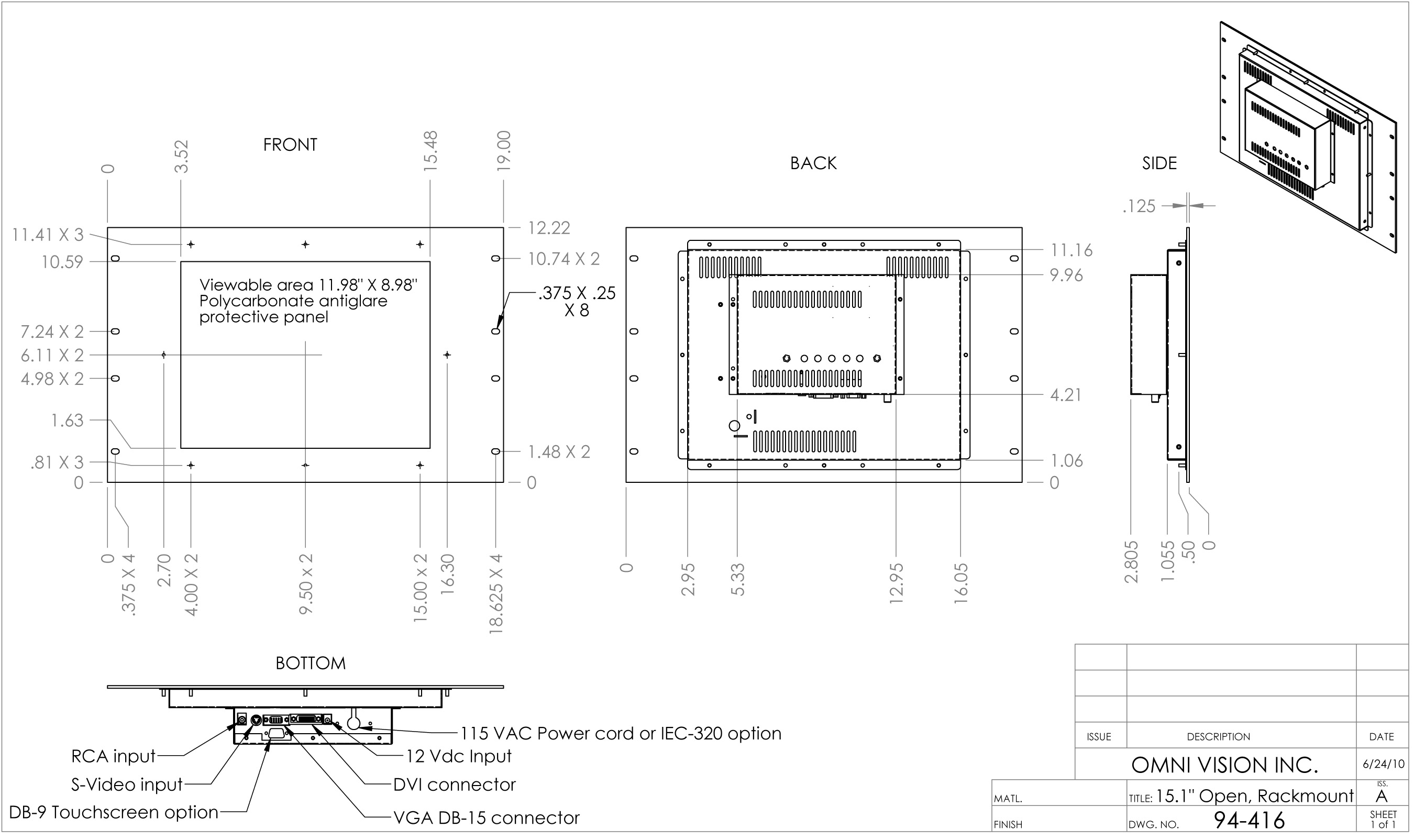 Industrial TFT LCD 15.1 inch Monitor in 19 inch Rack Mount drawing